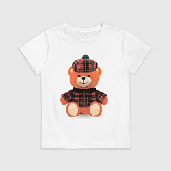 Футболка хлопковая детская Медвежонок шотландец, цвет: белый