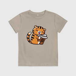 Футболка хлопковая детская Тигренок и кофе, цвет: миндальный