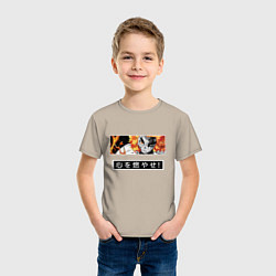 Футболка хлопковая детская Ренгоку Кенджуро взгял клинок демонов столб пламен, цвет: миндальный — фото 2