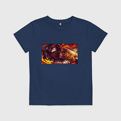 Футболка хлопковая детская Взгляд Ренгоку Клинок рассекающий демонов, цвет: тёмно-синий