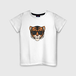 Футболка хлопковая детская Тигр в очках голова, цвет: белый