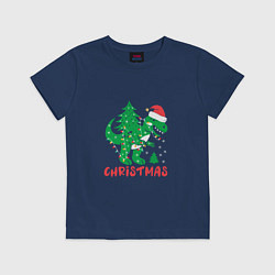 Футболка хлопковая детская Christmas Dinosaur, цвет: тёмно-синий