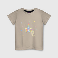 Футболка хлопковая детская Радужный Единорог златовласый с цветами, цвет: миндальный