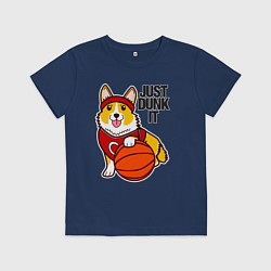 Футболка хлопковая детская JUST DUNK IT корги, цвет: тёмно-синий