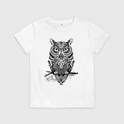 Футболка хлопковая детская Черная сова в узорах, цвет: белый