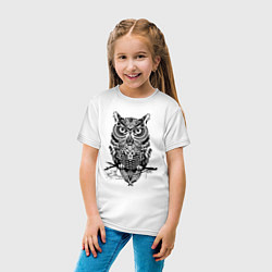 Футболка хлопковая детская Черная сова в узорах, цвет: белый — фото 2