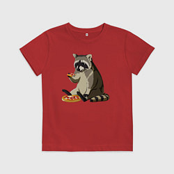 Футболка хлопковая детская Енот кушает пиццу, цвет: красный