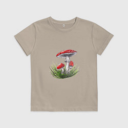 Футболка хлопковая детская Мухоморы в траве, цвет: миндальный