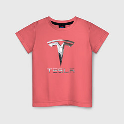 Футболка хлопковая детская Tesla Logo Тесла Логотип, цвет: коралловый