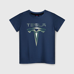 Футболка хлопковая детская Tesla Logo Тесла Логотип Карбон, цвет: тёмно-синий