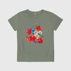 Футболка хлопковая детская Летний букет мак василек ромашка цветы лето, цвет: авокадо