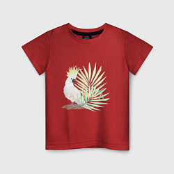 Футболка хлопковая детская Белый попугай с хохолком на фоне листьев пальмы, цвет: красный
