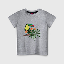 Футболка хлопковая детская Птица тукан с цветами и листьями, цвет: меланж