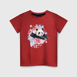 Футболка хлопковая детская Панда среди летних цветов, цвет: красный