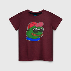 Футболка хлопковая детская Лягушонок Пепе в очках и кепке модный, цвет: меланж-бордовый