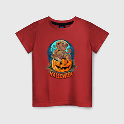 Футболка хлопковая детская Halloween - Мишка на тыкве, цвет: красный