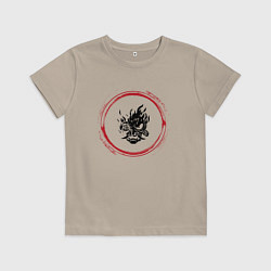 Футболка хлопковая детская Символ Cyberpunk 2077 и красная краска вокруг, цвет: миндальный