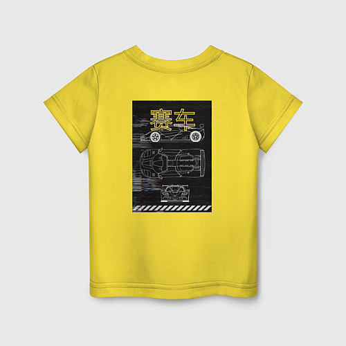 Детская футболка Спортивная машина с неоновыми иероглифами / Желтый – фото 2