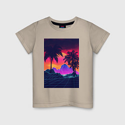Футболка хлопковая детская Синтвейв пляж и пальмы, цвет: миндальный