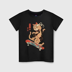 Футболка хлопковая детская Кот самурай скейтбордист, цвет: черный
