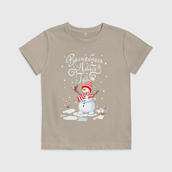 Футболка хлопковая детская Новогодний снеговик, цвет: миндальный