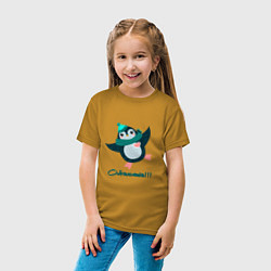 Футболка хлопковая детская Обнимашки, веселый пингвин, цвет: горчичный — фото 2