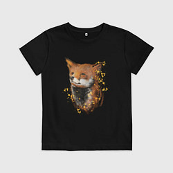 Футболка хлопковая детская Лиса рисунок акварельными красками, цвет: черный