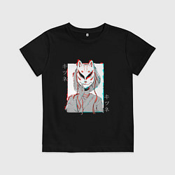 Футболка хлопковая детская Аниме девушка в маске кицунэ, цвет: черный