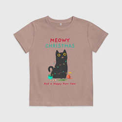 Футболка хлопковая детская Meowy Christmas and a happy purr year, цвет: пыльно-розовый