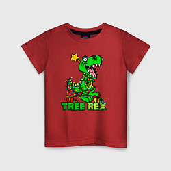 Футболка хлопковая детская Динозавр Рэкс - новогодняя ёлка, цвет: красный