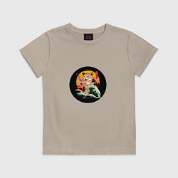 Футболка хлопковая детская Японский кот с суши, цвет: миндальный