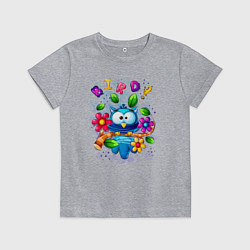 Футболка хлопковая детская Птица на ветке и цветы, цвет: меланж