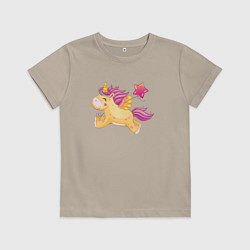 Футболка хлопковая детская Единорог с шариком в виде сердечка, цвет: миндальный
