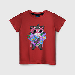 Футболка хлопковая детская Кот супергерой с цветами, цвет: красный