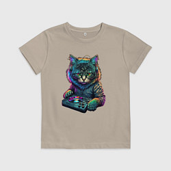 Футболка хлопковая детская Кот диджей, цвет: миндальный