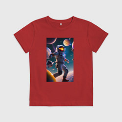 Футболка хлопковая детская Космонавт танцующий среди планет, цвет: красный