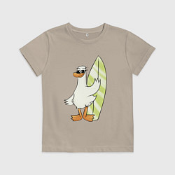 Футболка хлопковая детская Гусь серфингист в очках, цвет: миндальный