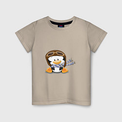 Футболка хлопковая детская Пингвин в шапке лётчика, цвет: миндальный