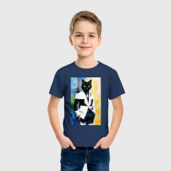 Футболка хлопковая детская Модный чёрный кот-джентльмен - мем, цвет: тёмно-синий — фото 2