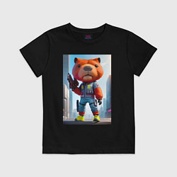 Футболка хлопковая детская Крутой кроха капибара - киберпанк - нейросеть, цвет: черный