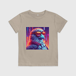 Футболка хлопковая детская Сокол на фоне яркого неонового города, цвет: миндальный