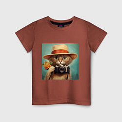 Футболка хлопковая детская Кот в соломенной шляпе с фотоаппаратом, цвет: кирпичный