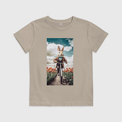 Футболка хлопковая детская Кролик едет на велосипеде, цвет: миндальный