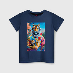 Футболка хлопковая детская Тигрица - космонавт с тигрятами - нейросеть, цвет: тёмно-синий