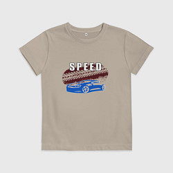 Футболка хлопковая детская Машина с надписью Скорость, цвет: миндальный