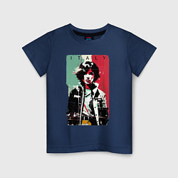 Футболка хлопковая детская Девчонка на фоне флага - Италия - поп-арт, цвет: тёмно-синий