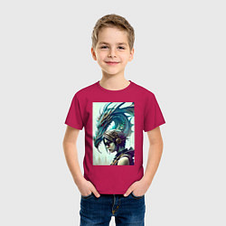 Футболка хлопковая детская Девчонка в шлеме и дракон - киберпанк, цвет: маджента — фото 2