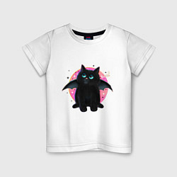 Футболка хлопковая детская Черный котенок летучая мышь хэллоуин, цвет: белый
