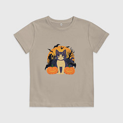 Футболка хлопковая детская Хэллоуин и кот, цвет: миндальный