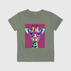 Футболка хлопковая детская Жирафа в розовых очках, цвет: авокадо